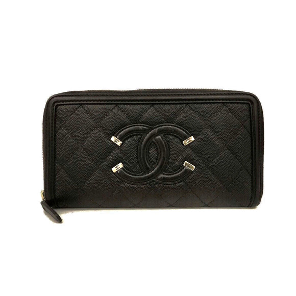 Authentic Chanel CC Filigree Quilted Matelasse Caviar Black Leather Zippy Wallet - Picture 1 of 6